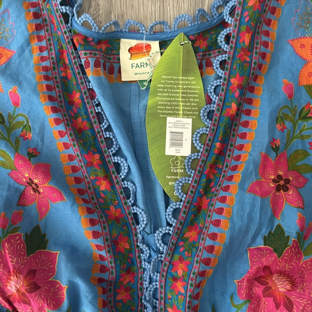 Farm Rio Women’s Blue Tropical Midi Layered Tiered Tapestry Dress Medium NWT - Picture 8 of 16